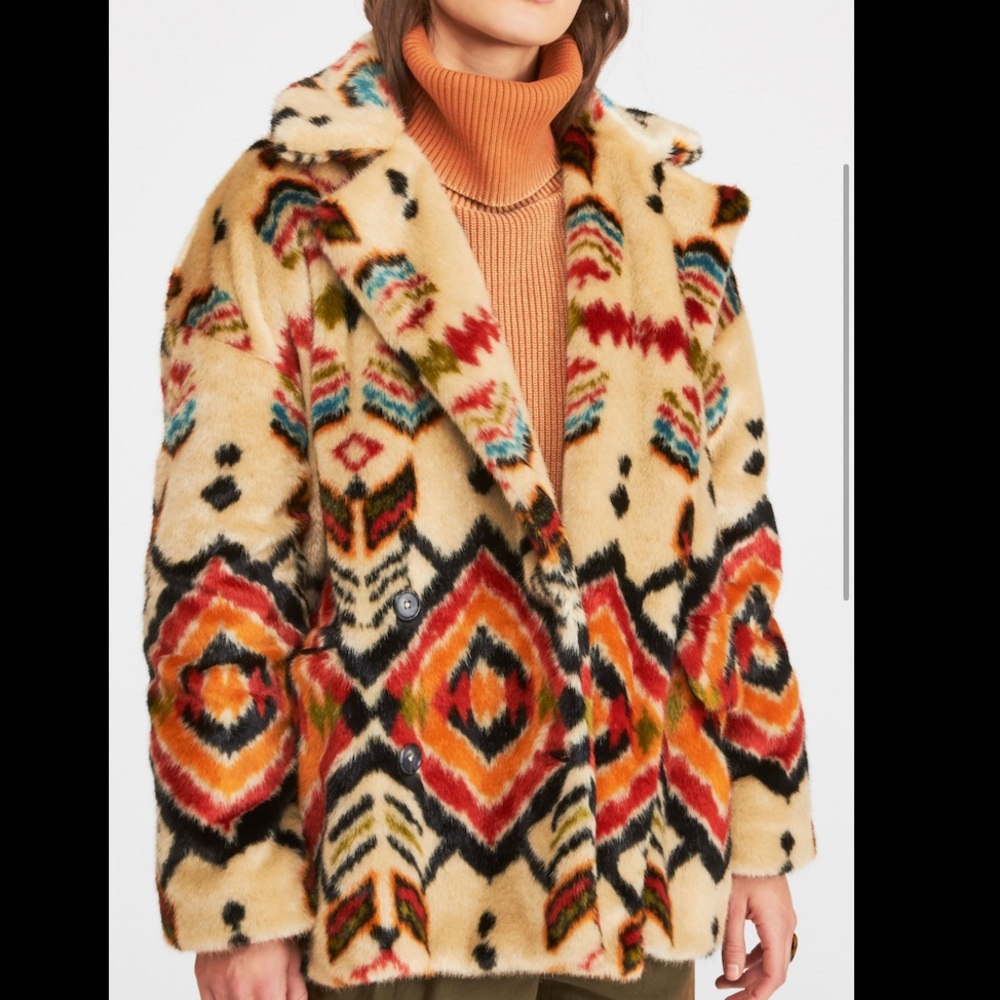 Free People Carmella Faux Fur Coat size medium • tribal print fur jacket - Picture 4 of 11